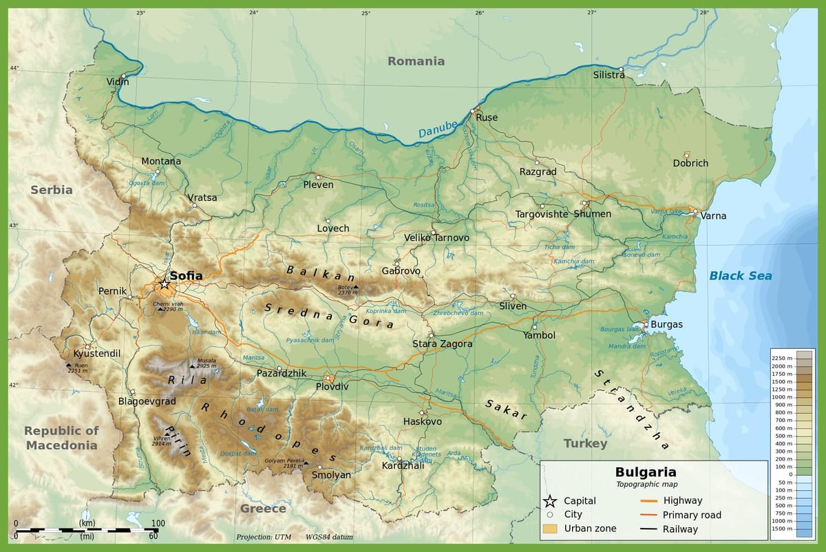 Bulgaristan topografik harita